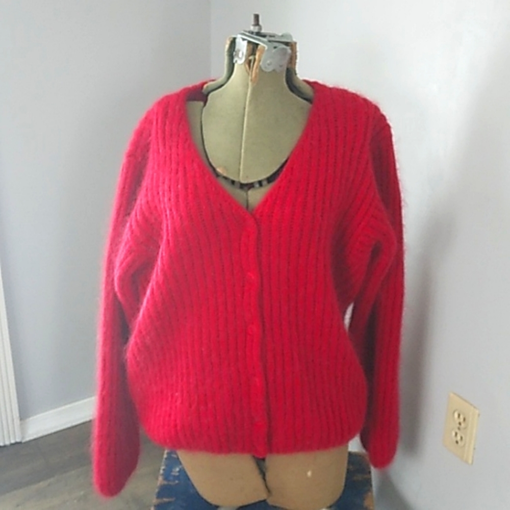 VTG Y2K LL BEAN DEEP RED MOHAIR CARDIGAN MADE IN HONG KONG WOMANS XL